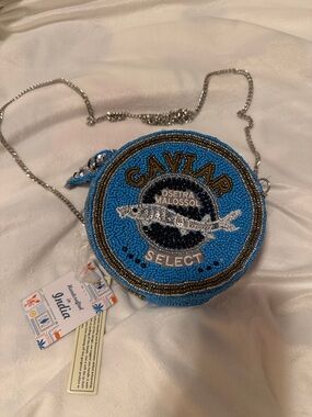 Beaded Blue Round Crossbody Bag with Silver Chain